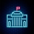 Glowing neon line Prado museum icon isolated on brick wall background. Madrid, Spain. Colorful outline concept. Vector