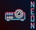 Glowing neon line Presentation, movie, film, media projector icon isolated on black background. Colorful outline concept