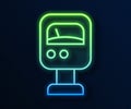 Glowing neon line Pressure water meter icon isolated on blue background. Vector