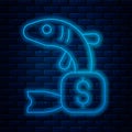 Glowing neon line Price tag for fish icon isolated on brick wall background. Vector