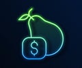 Glowing neon line Price tag for pear icon isolated on blue background. Vector