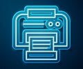 Glowing neon line Printer icon isolated on blue background. Vector Illustration Royalty Free Stock Photo