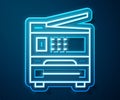 Glowing neon line Printer icon isolated on blue background. Vector Illustration Royalty Free Stock Photo