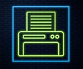 Glowing neon line Printer icon isolated on brick wall background. Vector Illustration