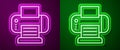 Glowing neon line Printer icon isolated on purple and green background. Vector