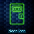 Glowing neon line Prison cell door with grill window icon isolated on brick wall background. Vector