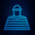 Glowing neon line Prisoner icon isolated on brick wall background. Vector Illustration