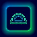 Glowing neon line Protractor grid for measuring degrees icon isolated on black background. Tilt angle meter. Measuring