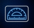 Glowing neon line Protractor grid for measuring degrees icon isolated on brick wall background. Tilt angle meter Royalty Free Stock Photo