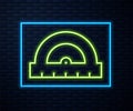 Glowing neon line Protractor grid for measuring degrees icon isolated on brick wall background. Tilt angle meter Royalty Free Stock Photo