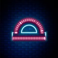 Glowing neon line Protractor grid for measuring degrees icon isolated on brick wall background. Tilt angle meter Royalty Free Stock Photo