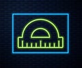 Glowing neon line Protractor grid for measuring degrees icon isolated on brick wall background. Tilt angle meter Royalty Free Stock Photo