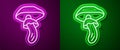 Glowing neon line Psilocybin mushroom icon isolated on purple and green background. Psychedelic hallucination. Vector