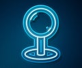 Glowing neon line Push pin icon isolated on blue background. Thumbtacks sign. Vector