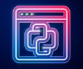 Glowing neon line Python programming language icon isolated on blue background. Python coding language sign on browser Royalty Free Stock Photo