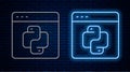Glowing neon line Python programming language icon isolated on brick wall background. Python coding language sign on Royalty Free Stock Photo