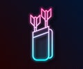 Glowing neon line Quiver with arrows icon isolated on black background. Vector