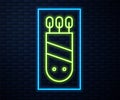 Glowing neon line Quiver with arrows icon isolated on brick wall background. Vector