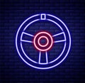 Glowing neon line Racing steering wheel icon isolated on brick wall background. Car wheel icon. Colorful outline concept Royalty Free Stock Photo