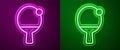Glowing neon line Racket for playing table tennis icon isolated on purple and green background. Vector