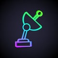 Glowing neon line Radar icon isolated on black background. Search system. Satellite sign. Vector