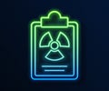 Glowing neon line Radiation warning document icon isolated on blue background. Text file. Vector.