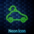 Glowing neon line Radio controlled car toy icon isolated on brick wall background. Control remote car toy. Vector