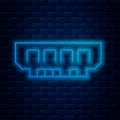 Glowing neon line RAM, random access memory icon isolated on brick wall background. Vector Royalty Free Stock Photo