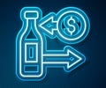 Glowing neon line Reception and sale of glass bottles icon isolated on blue background. Vector