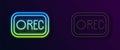 Glowing neon line Record button icon isolated on black background. Rec button. Vector Royalty Free Stock Photo