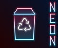 Glowing neon line Recycle bin with recycle symbol icon isolated on black background. Trash can icon. Garbage bin sign