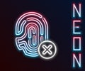 Glowing neon line Rejection fingerprint icon isolated on black background. Access denied for user concept. Error, fraud
