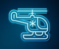 Glowing neon line Rescue helicopter icon isolated on blue background. Ambulance helicopter. Vector