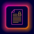 Glowing neon line Resume icon isolated on black background. CV application. Searching professional staff. Analyzing