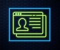 Glowing neon line Resume icon isolated on brick wall background. CV application. Searching professional staff. Analyzing