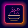 Glowing neon line Roasted turkey or chicken icon isolated on black background. Colorful outline concept. Vector