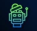 Glowing neon line Robot icon isolated on blue background. Artificial intelligence, machine learning, cloud computing Royalty Free Stock Photo