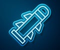 Glowing neon line Rocket icon isolated on blue background. Vector Royalty Free Stock Photo