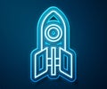 Glowing neon line Rocket ship icon isolated on blue background. Space travel. Vector Royalty Free Stock Photo