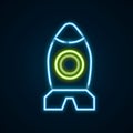 Glowing neon line Rocket ship toy icon isolated on black background. Space travel. Colorful outline concept. Vector Royalty Free Stock Photo