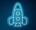 Glowing neon line Rocket ship toy icon isolated on blue background. Space travel. Vector Royalty Free Stock Photo