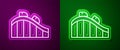 Glowing neon line Roller coaster icon isolated on purple and green background. Amusement park. Childrens entertainment Royalty Free Stock Photo