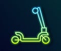 Glowing neon line Roller scooter for children icon isolated on black background. Kick scooter or balance bike. Vector