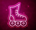 Glowing neon line Roller skate icon isolated on red background. Vector