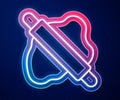 Glowing neon line Rolling pin on dough icon isolated on blue background. Vector