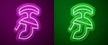 Glowing neon line Roman army helmet icon isolated on purple and green background. Vector