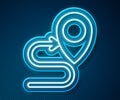 Glowing neon line Route location icon isolated on blue background. Map pointer sign. Concept of path or road. GPS