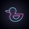 Glowing neon line Rubber duck icon isolated on black background. Vector