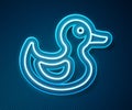 Glowing neon line Rubber duck icon isolated on blue background. Vector