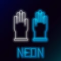 Glowing neon line Rubber gloves icon isolated on black background. Latex hand protection sign. Housework cleaning